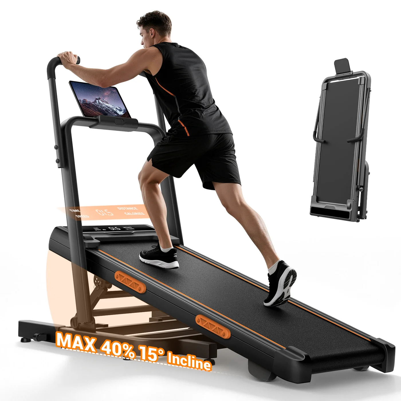 UMAY X5FD foldable incline treadmill with dual handrails shown in use and folded for storage