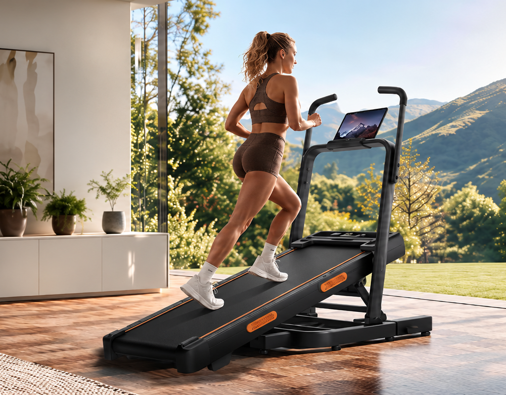 Woman training on the UMAY X5FD incline treadmill in a bright home